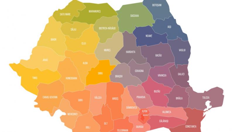 Imagine cu harta româniei în culorile: galben, roz, mov, albastru, verde, portocaliu, frez