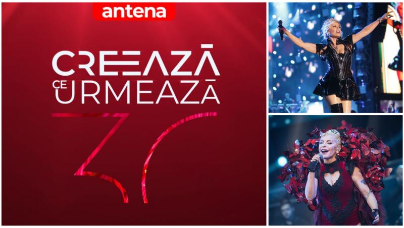 Colaj cu banner Antena 1 și Loredana cântând pe scenă
