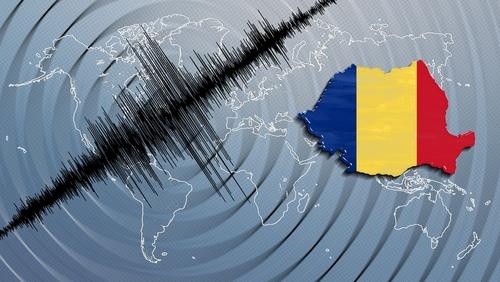 Imagine cu harta României și simbolul unui cutremur.