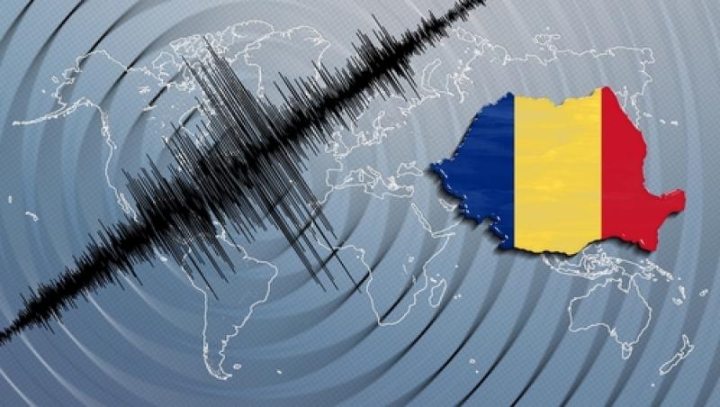 Imagine cu harta României și simbolul unui cutremur.