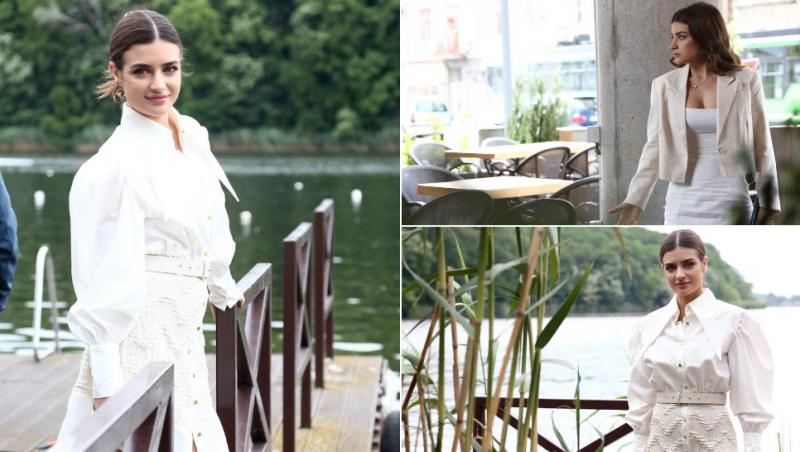 colaj Ana Bodea în cămasă albă și fustă albă pe ponton și în restaurant pe platourile de filmare de la serialul Lia - Soția soțului meu