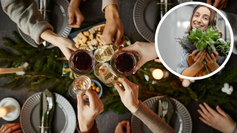 colaj mâini care ciocnesc pahare peste o masă decorată cu brad de sărbătoare și o tânără care ține în mână mai multe plante verzi