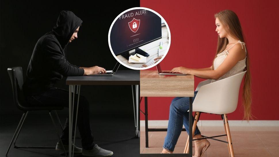 colaj bărbat cu hanorac negru cu gluga pe cap în fața unu laptop și fată cu părul lung și blond în fața unui laptop și un ecran pe care apare o semnalizare de fraudă cu roșu