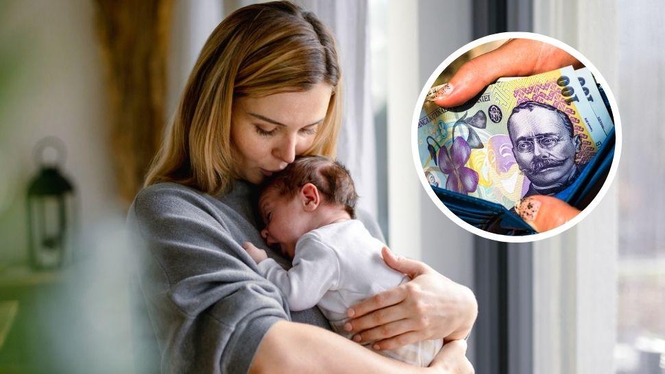 colaj femeie tânără cu un bebeluș în brațe, sărutându-l pe creștet, și mâini de femeie cu unchiile făcute deschizând un portofel cu bani în el