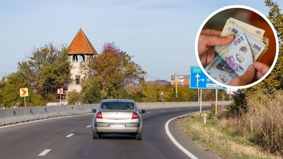 colaj mașină care merge pe drum spre Brașov și mâini care numără niște bani