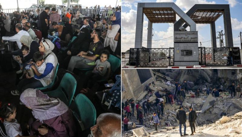 colaj palestinieni așteptând să treacă granița în Egipt pe la punctul de frontieră Rafah, punctul de frontieră Rafah și clădiri din Gaza bombardate cu oameni încercând să salveze civili