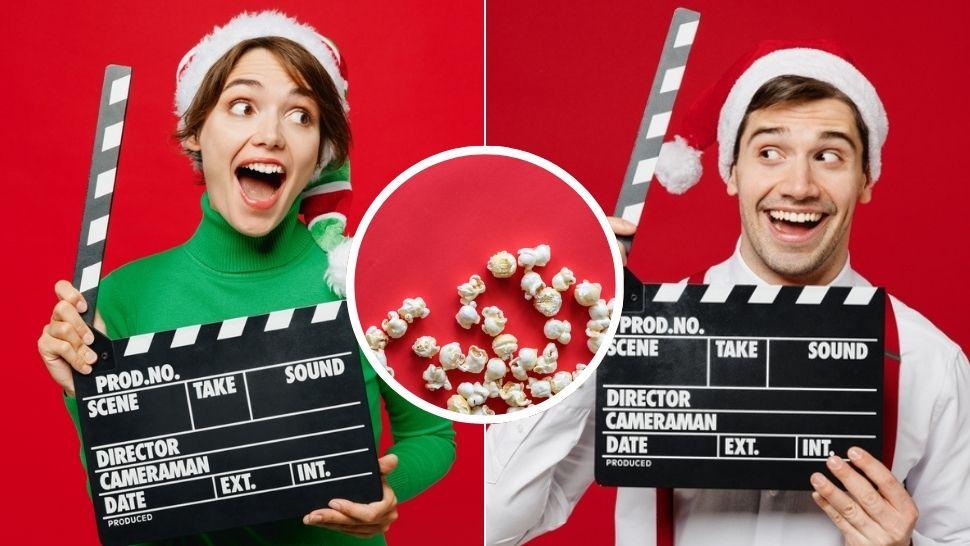 colaj tânără cu căciulă de Moș Crăciun care ține în mână un clac pentru scenele de film, tânăr cu căciulă de Moș Crăciun care ține în mână un clac, și popcorn pe fundal roșu