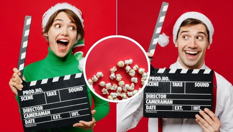 colaj tânără cu căciulă de Moș Crăciun care ține în mână un clac pentru scenele de film, tânăr cu căciulă de Moș Crăciun care ține în mână un clac, și popcorn pe fundal roșu