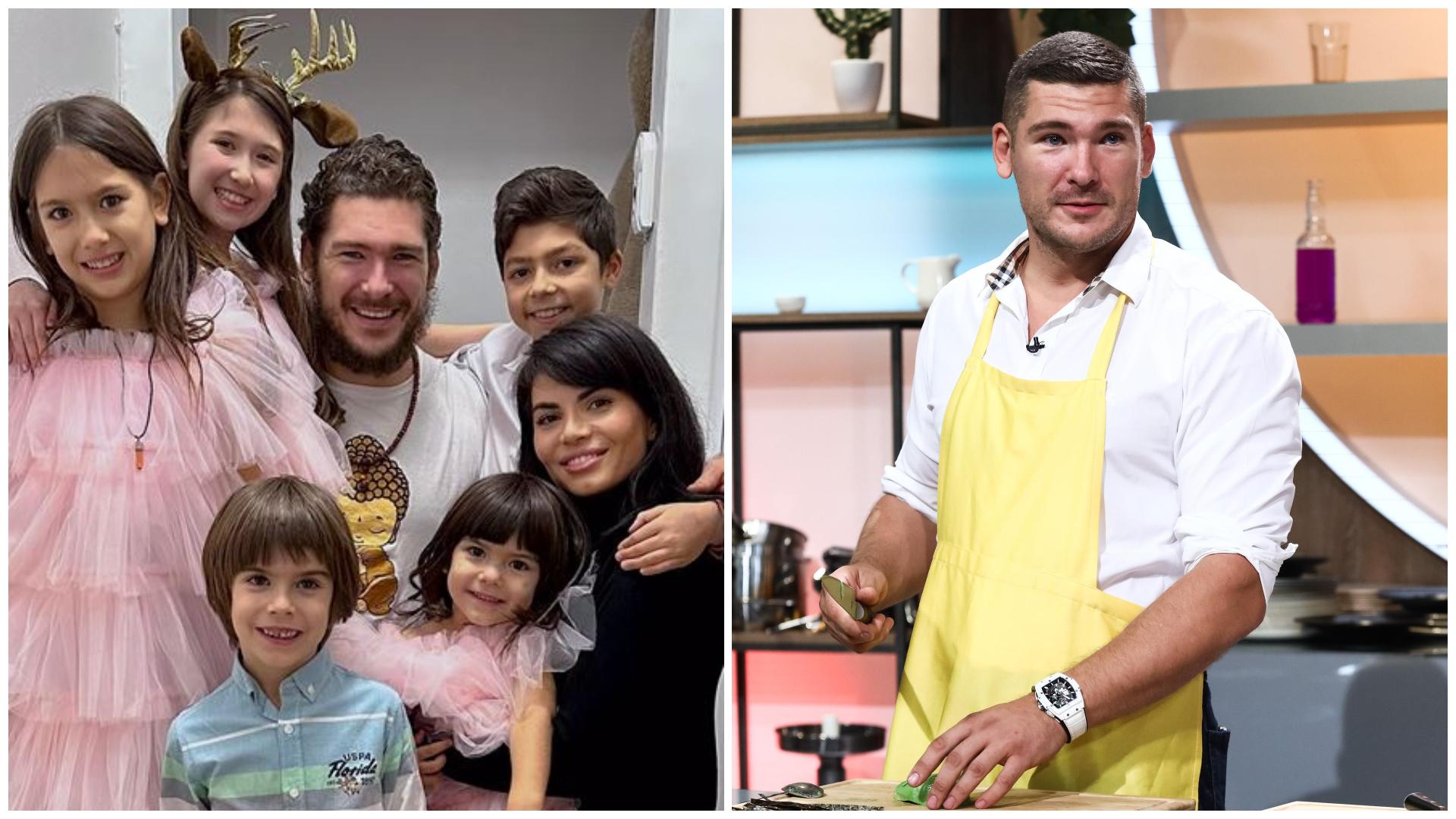 Colaj cu Călin Donca alături de cei cinci copii și soția lui, iar în a doua poză afaceristul gătește la Chefi la cuțite