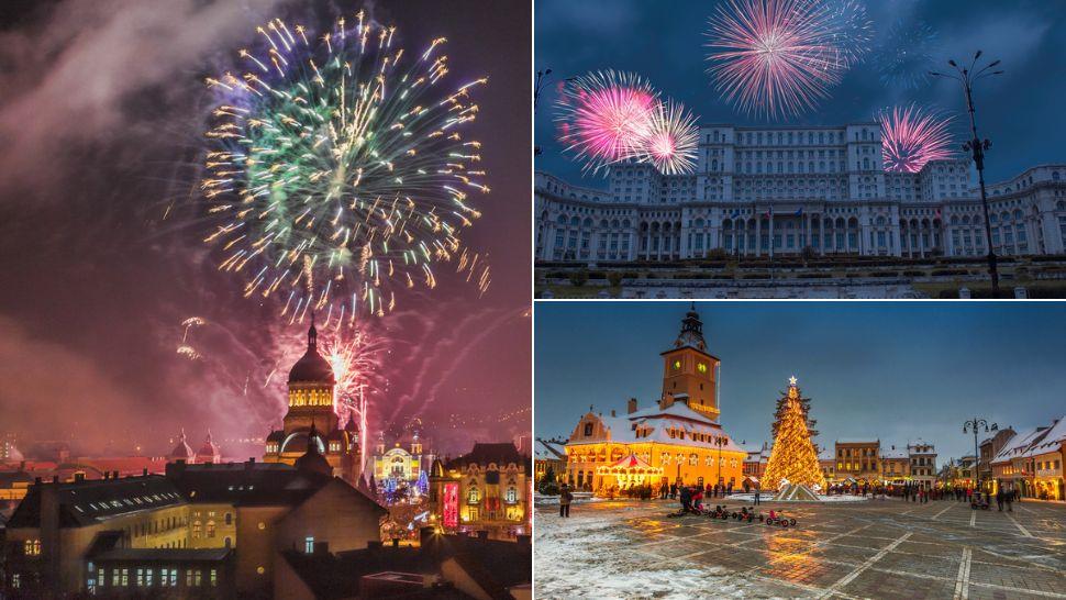 colaj foc de artificii în Cluj, foc de artificii în fața Casei Poporului din Bucuești și piața din Sibiu împodobită de sărbătoare