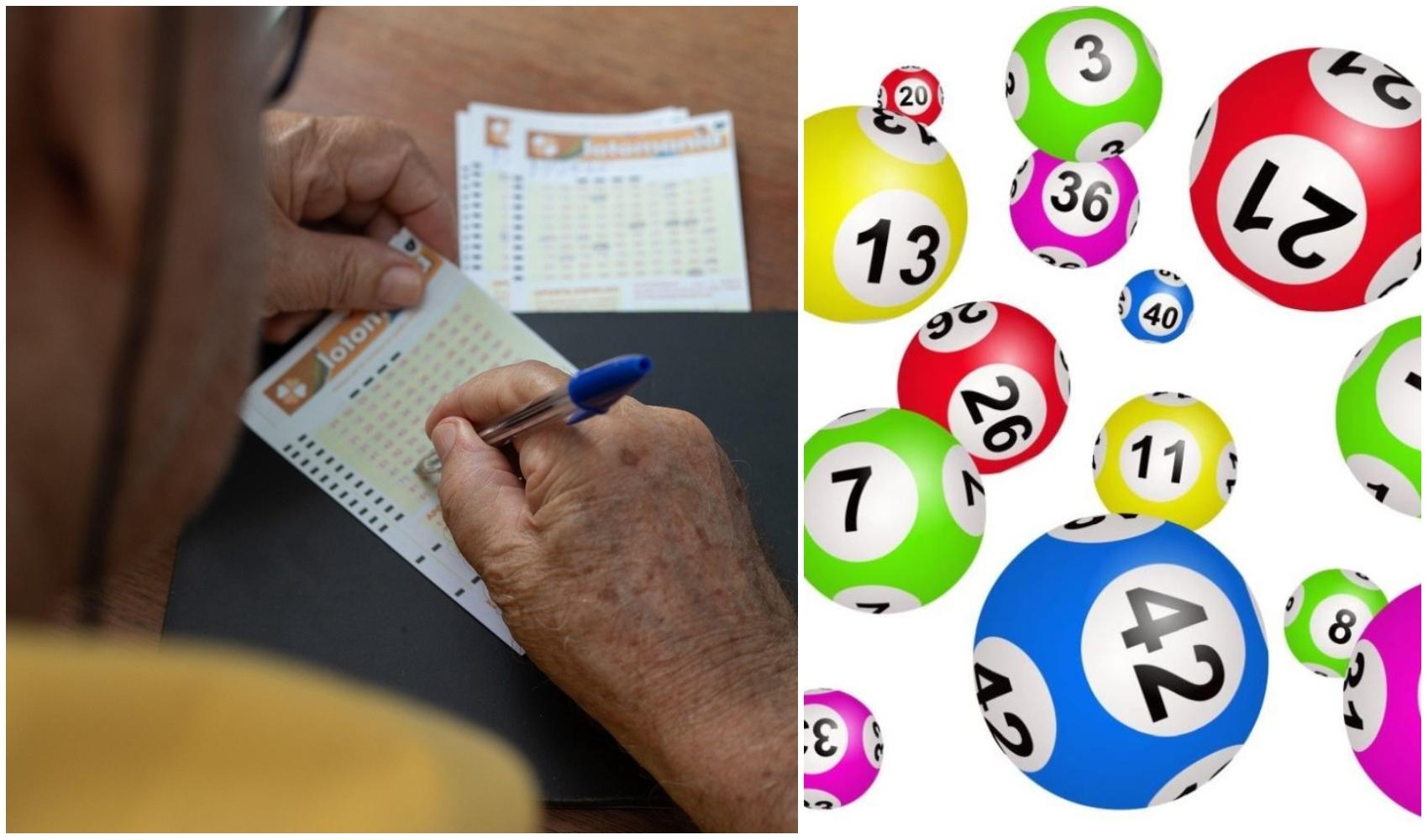 colaj foto cu o persona acare joaca la loto si imagine cu bile cu numere folosite la jocul de loto