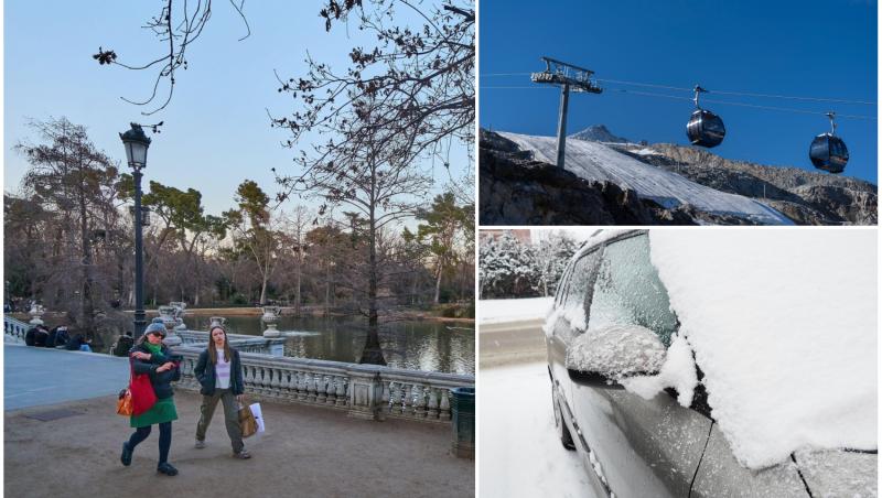 colaj foto cu imagini surprinse iarna, in parc sau la telecabina sau cu zapada pe masina