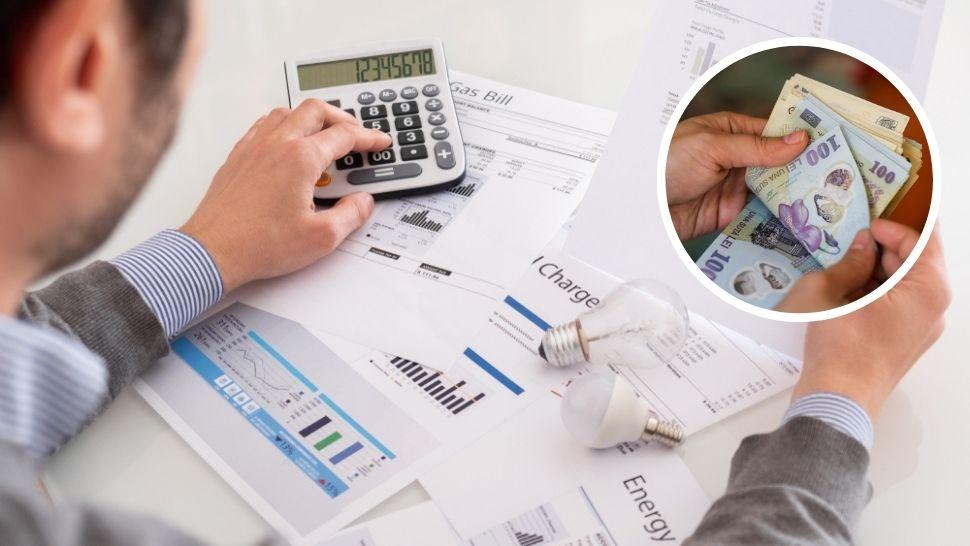 colaj bărbat care calculează taxele în fața unor facturi și mâini care numără bani