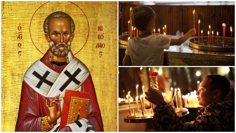 Colaj Sfântul Nicolae și copii care se roagă