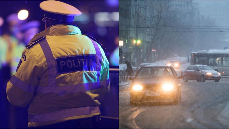 Poliția amendează șoferii care circulă pe drumuri fără cauciucuri de iarnă în condiții de ninsoare și polei.