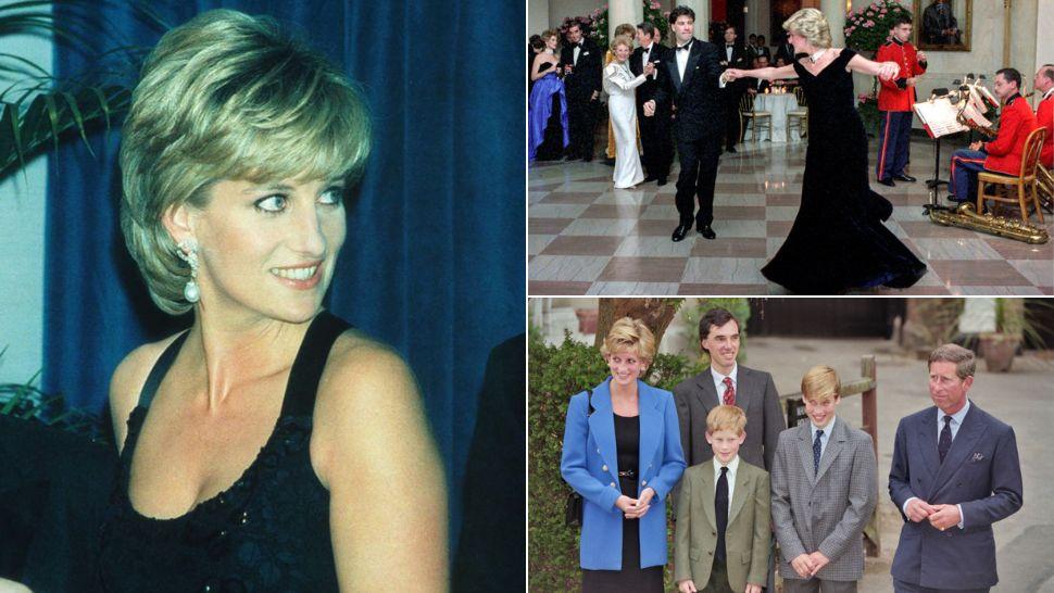 colaj Prințesa Diana în rochie neagră, Prințesa Diana dansând și Prințesa Diana, Prințul William, Prințul Henry, regele Charles