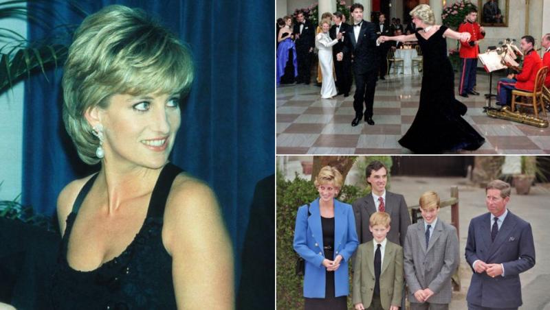 colaj Prințesa Diana în rochie neagră, Prințesa Diana dansând și Prințesa Diana, Prințul William, Prințul Henry, regele Charles