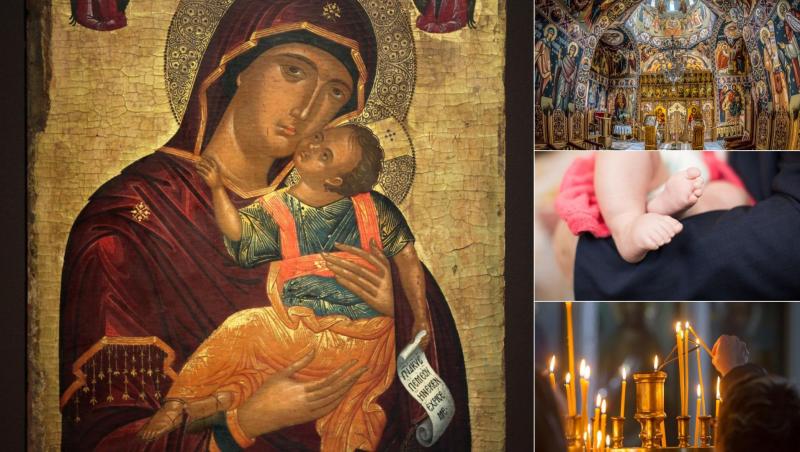 colaj de imagini cu icoana lui iisus hristos, un bebelus, lumanari si interiorul unei biserici