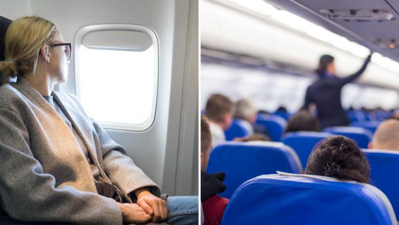 femeie în avion, pe locul său, în timp ce se uită pe geam