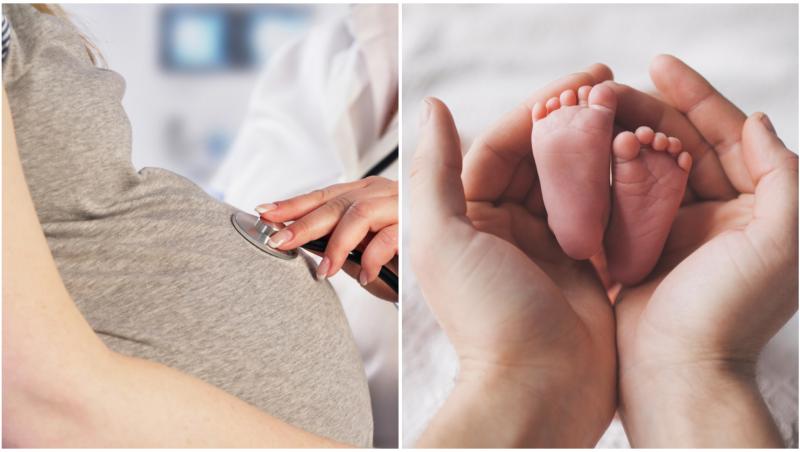 Colaj cu o femeie gravidă și piciorușe de bebeluș