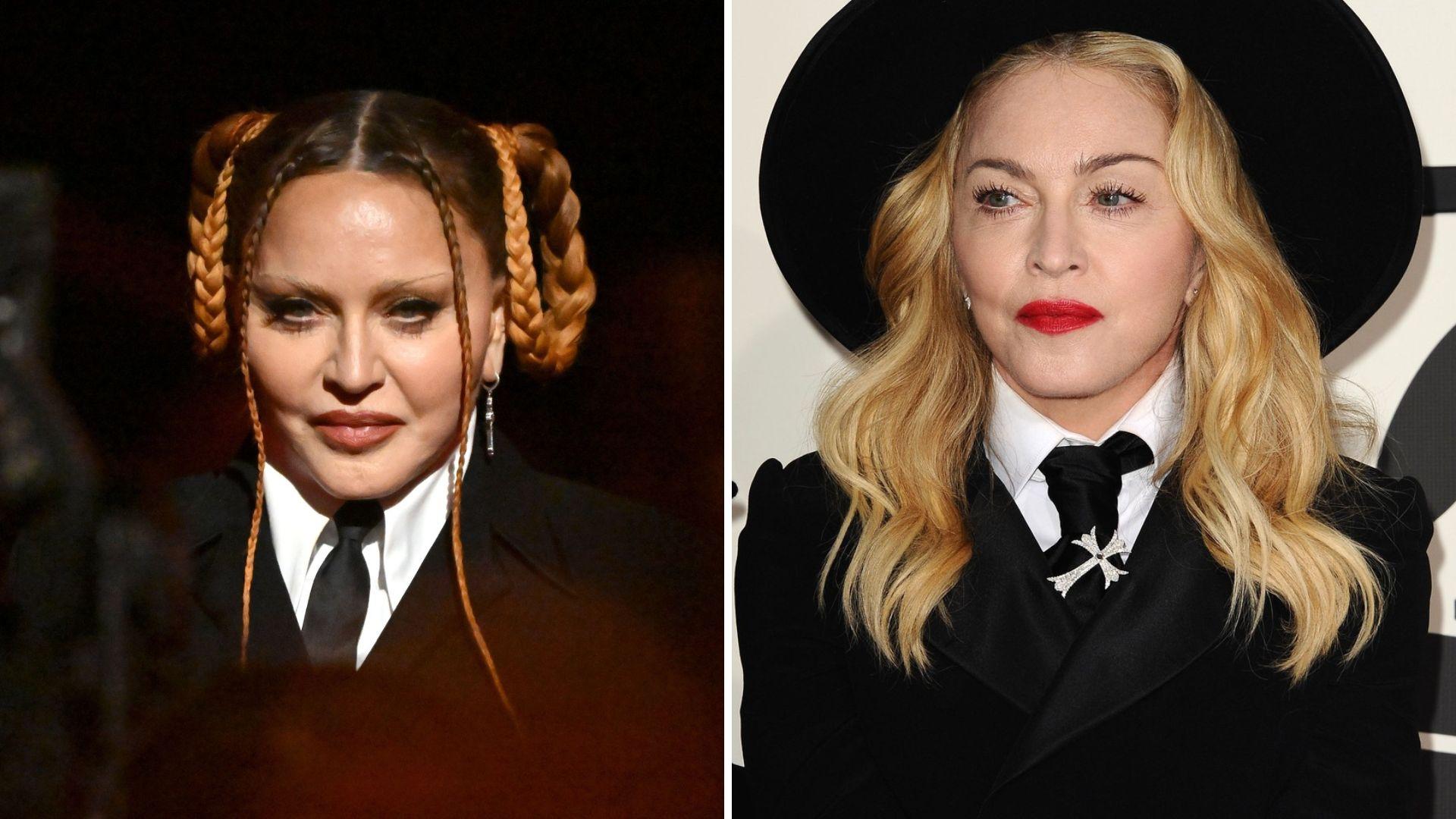 Madonna, apariție „de nerecunoscut” la Premiile Grammy.  Artista a ales să-și împletească două codițe pe care le-a prins mai apoi în formă de cerc de-o parte și de alta a capului.