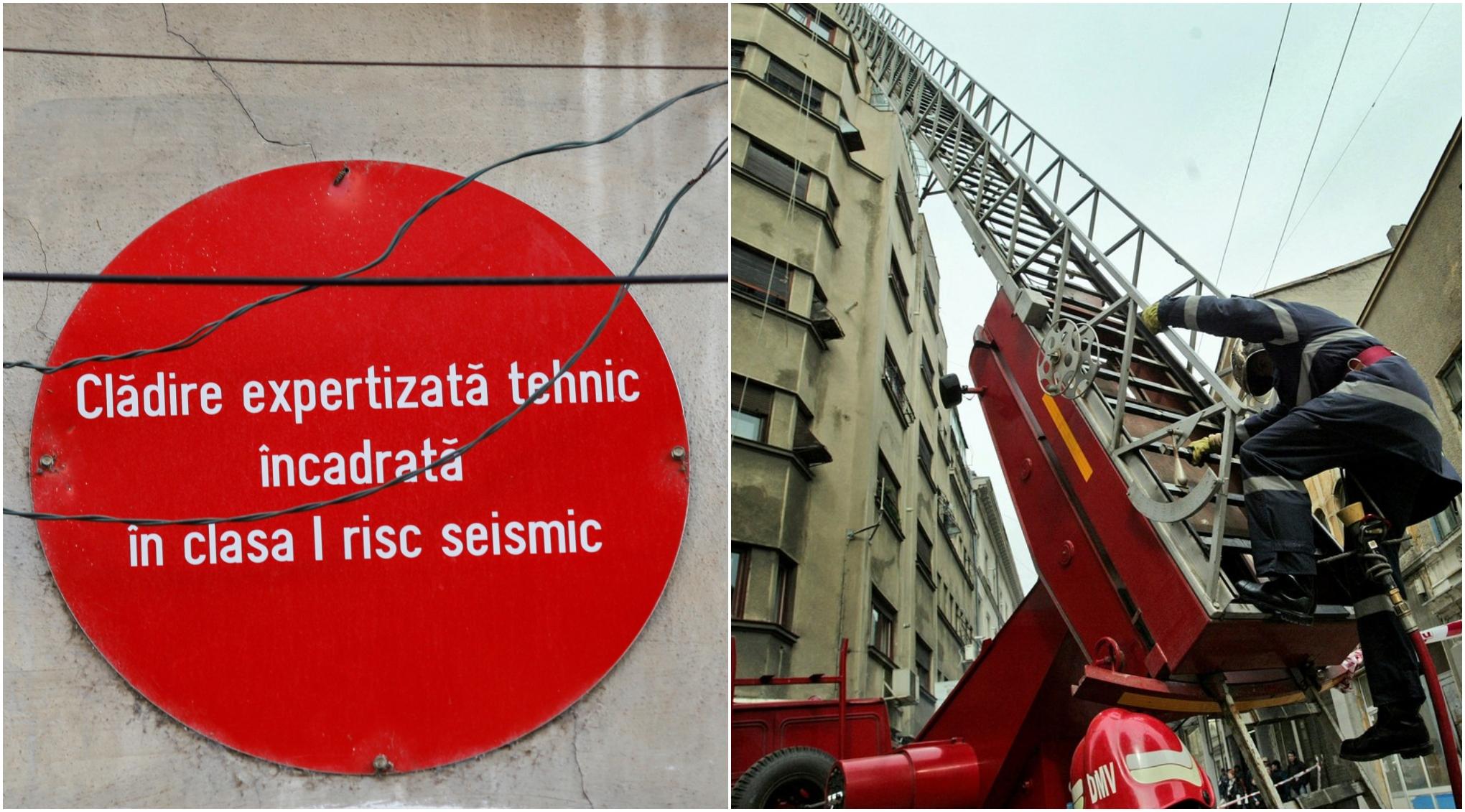 colaj foto semn rosu cu risc seismic pus pe o cladire si o imagine cu un pompier urcand pe o cladire veche