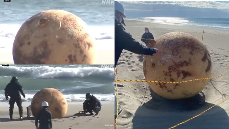 colaj foto minge misterioasă pe o plajă din Japonia