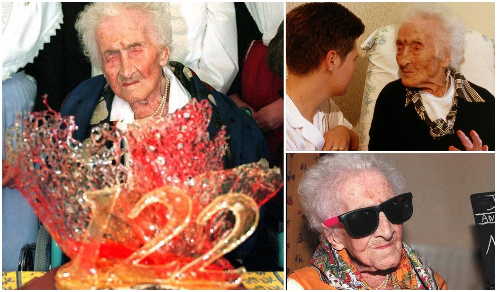colaj foto cu jeanne calment la ziua ei de 122 de ani cu tortul sau ea cu ochelari de soare