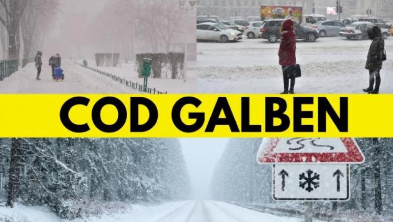 colaj foto cu străzi pline de zăpadă și o linie galbenă care anunță codul galben de ger