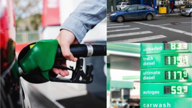 colaj foto cu o pompă verde și mâna unui om care își pune benzină sau motorina după ce s-au ieftinit preturile