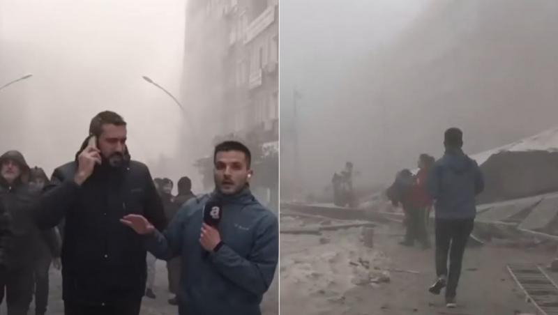 colaj de imagini cu un reporter turc care ajuta o fetita in timpul unei replici a cutremurului din turcia