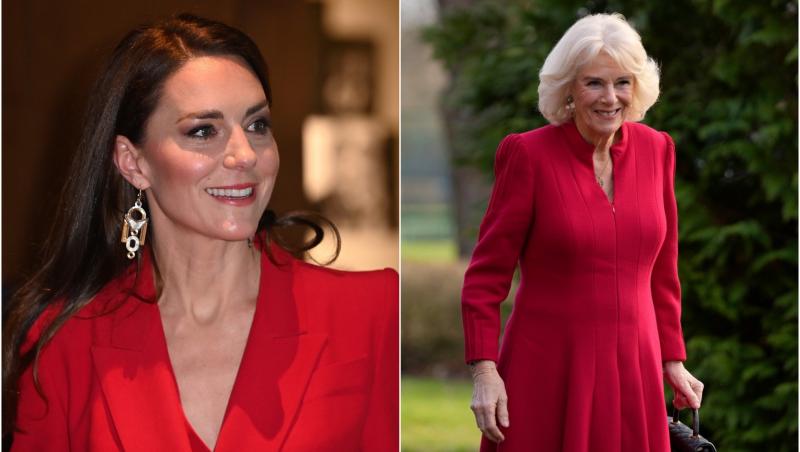 Kate Middleton și Regina Consoartă Camilla au apărut în ținute roșu aprins, într-un interval de timp foarte scurt