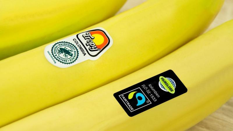 banane pe care se află un logo cu o broască
