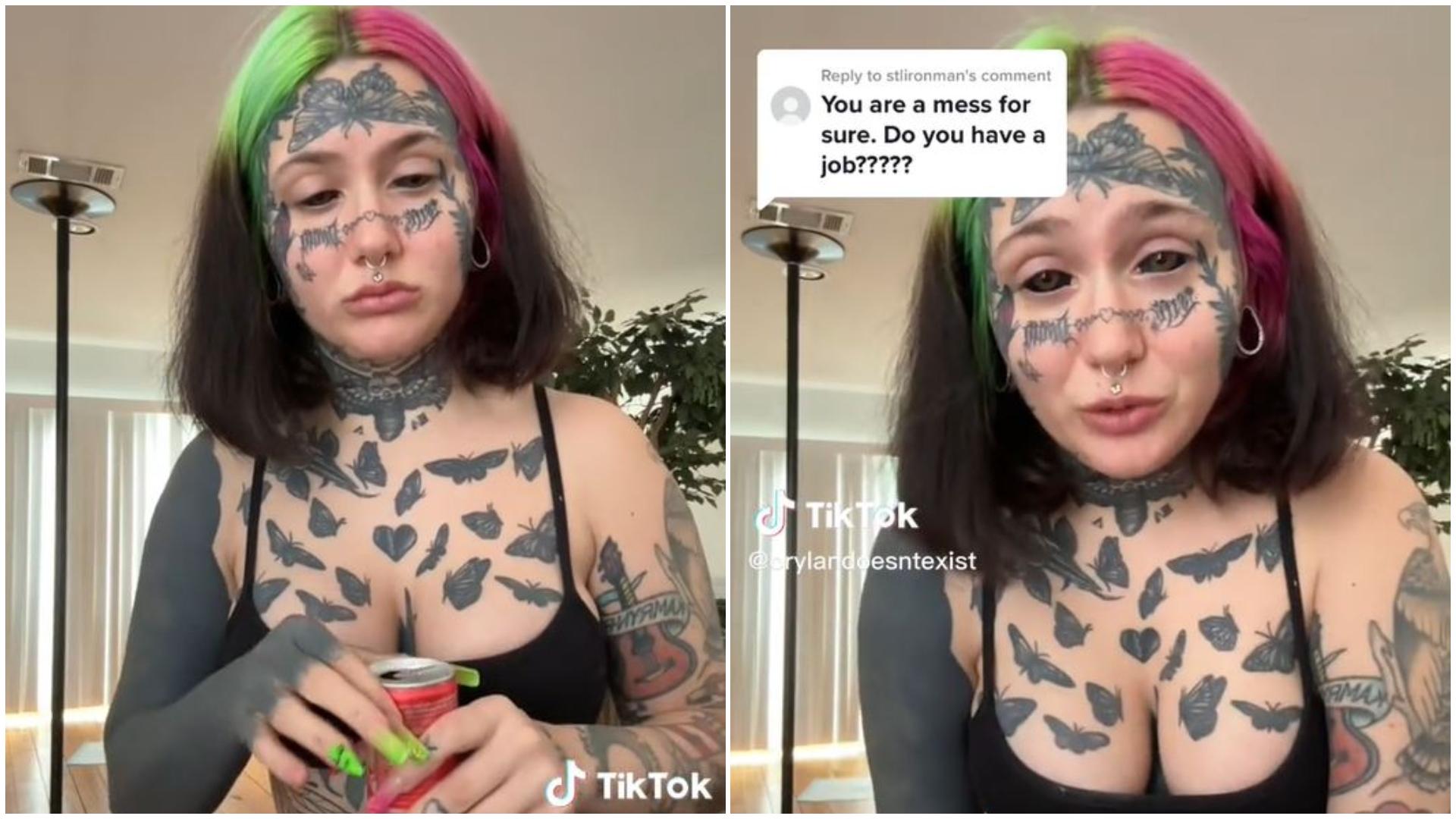 colaj foto cu o femeie plină de tatuaje pe tot corpul