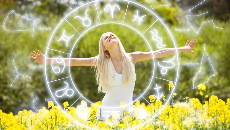 imagine cu un lan de flori galbene o femiei blonda si harta astrala cu zodiile horoscop aprilie paste
