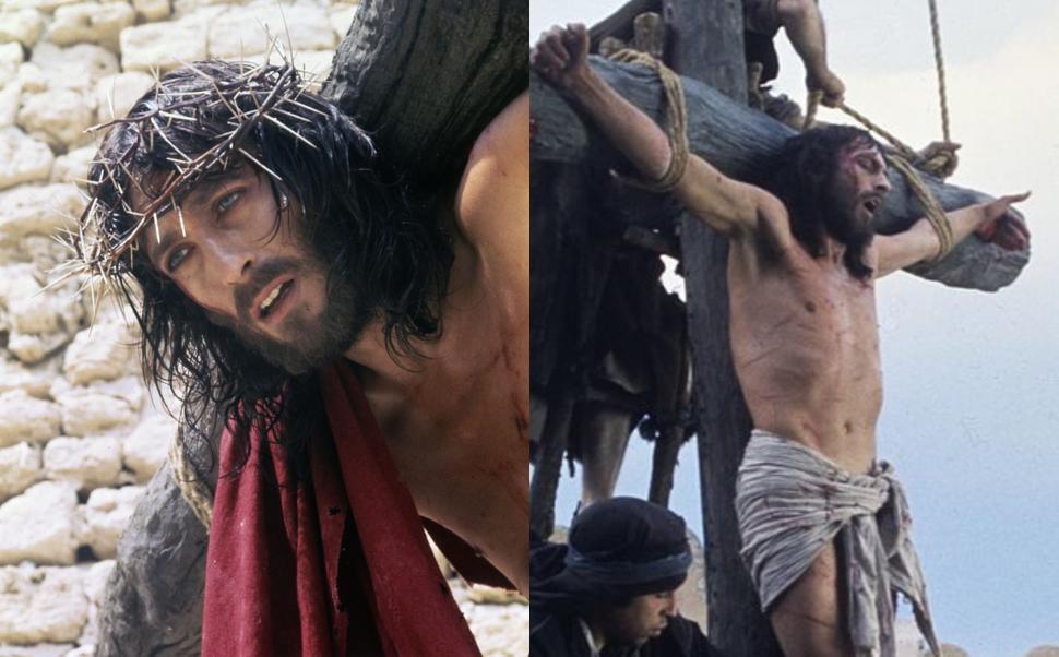 colaj foto cu robert powell în rolul lui iisus din nazareth pe cruce