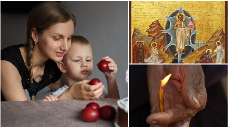 Colaj cu o icoană de Înviere, o mamă și un copil ciocnind ouă și o lumânare aprinsă, de Paște