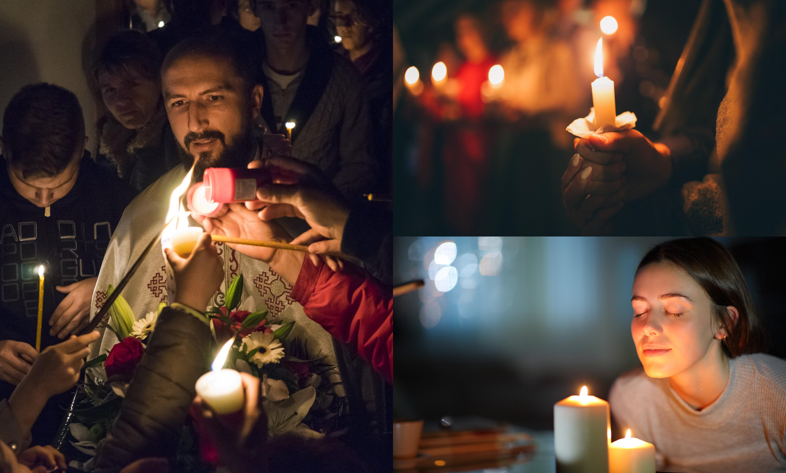 colaj foto cu un preot care da lumina de Înviere credincioșilor si o fata care își pune dorințe