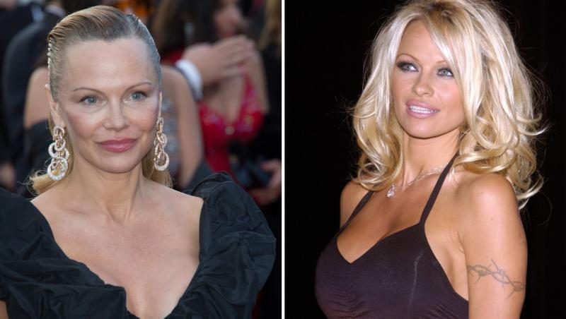 Pamela Anderson, cu o rochie mulată neagră, cu bretele subțiri, care îi scoate decolteul la vedere