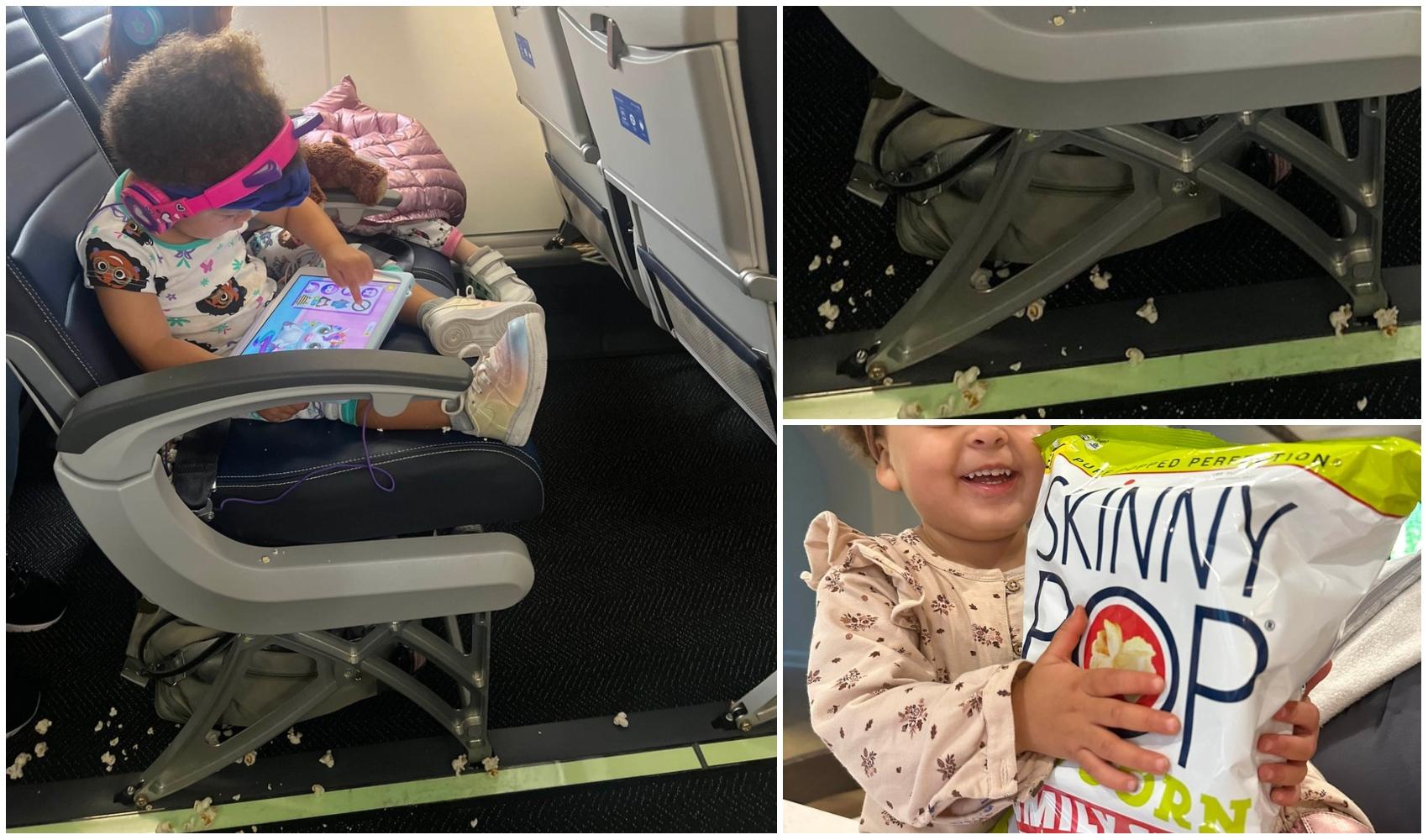 colaj foto cu o fetita care se uita pe tableta in avion, poza cu fetita mancand popcorn si poza cu un scaun de avion