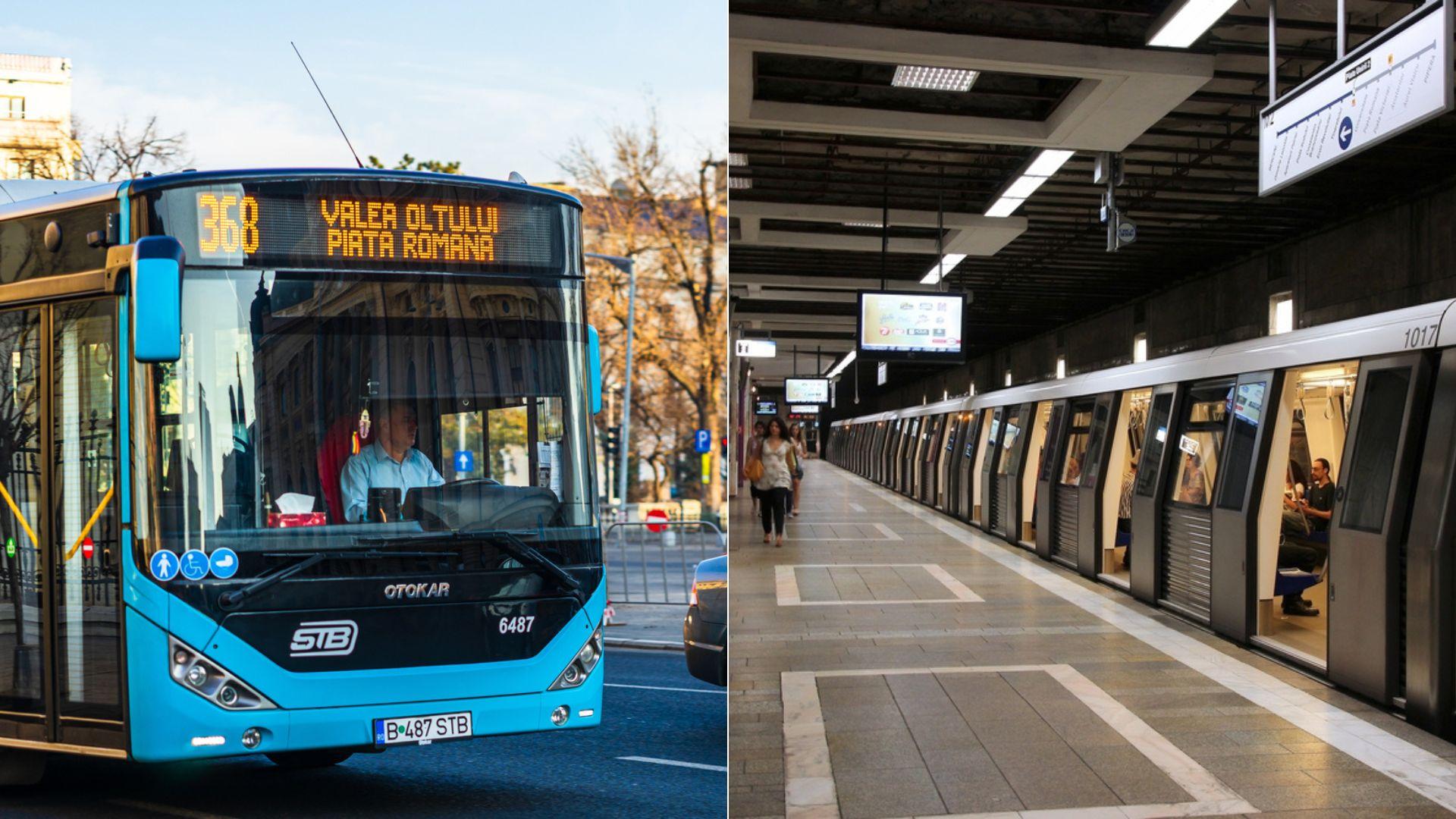 colaj de imagini cu un autobuz stb si metroul oprit in statie