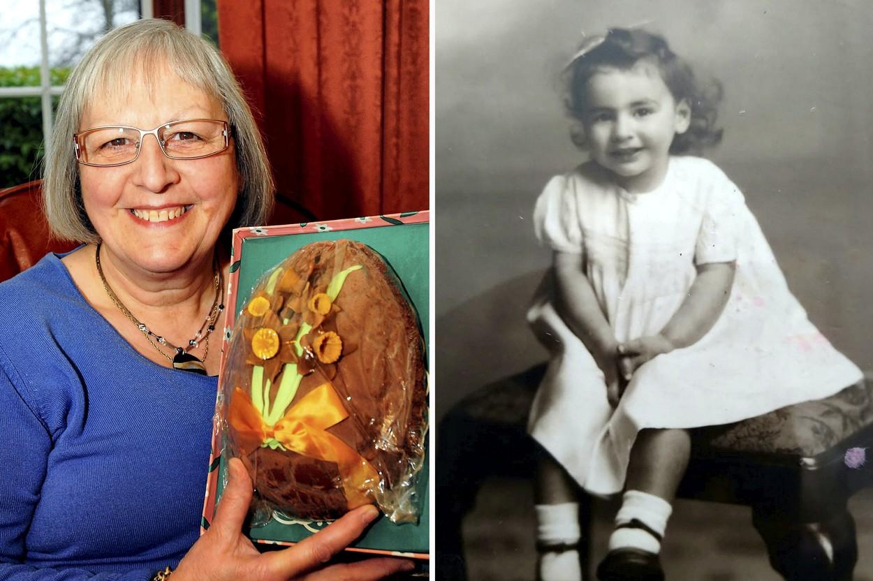colaj foto cu hillion fern cu oul de ciocolata vechi de 63 de ani si ea pe vremea cand era copil intr-o poza alb negru