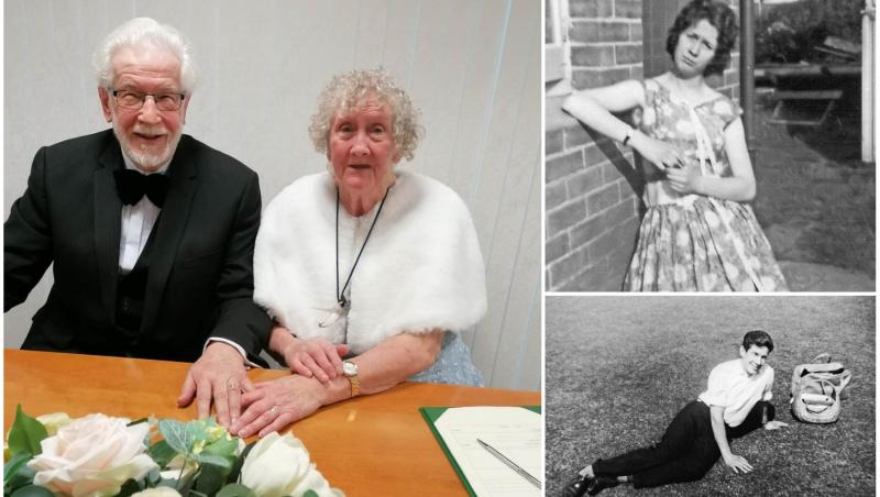 colaj foto cu Len Allbrighton si Jeanette Steer la nunta la varsta de 86 de ani si poze cu ei in tinerete, alb negru