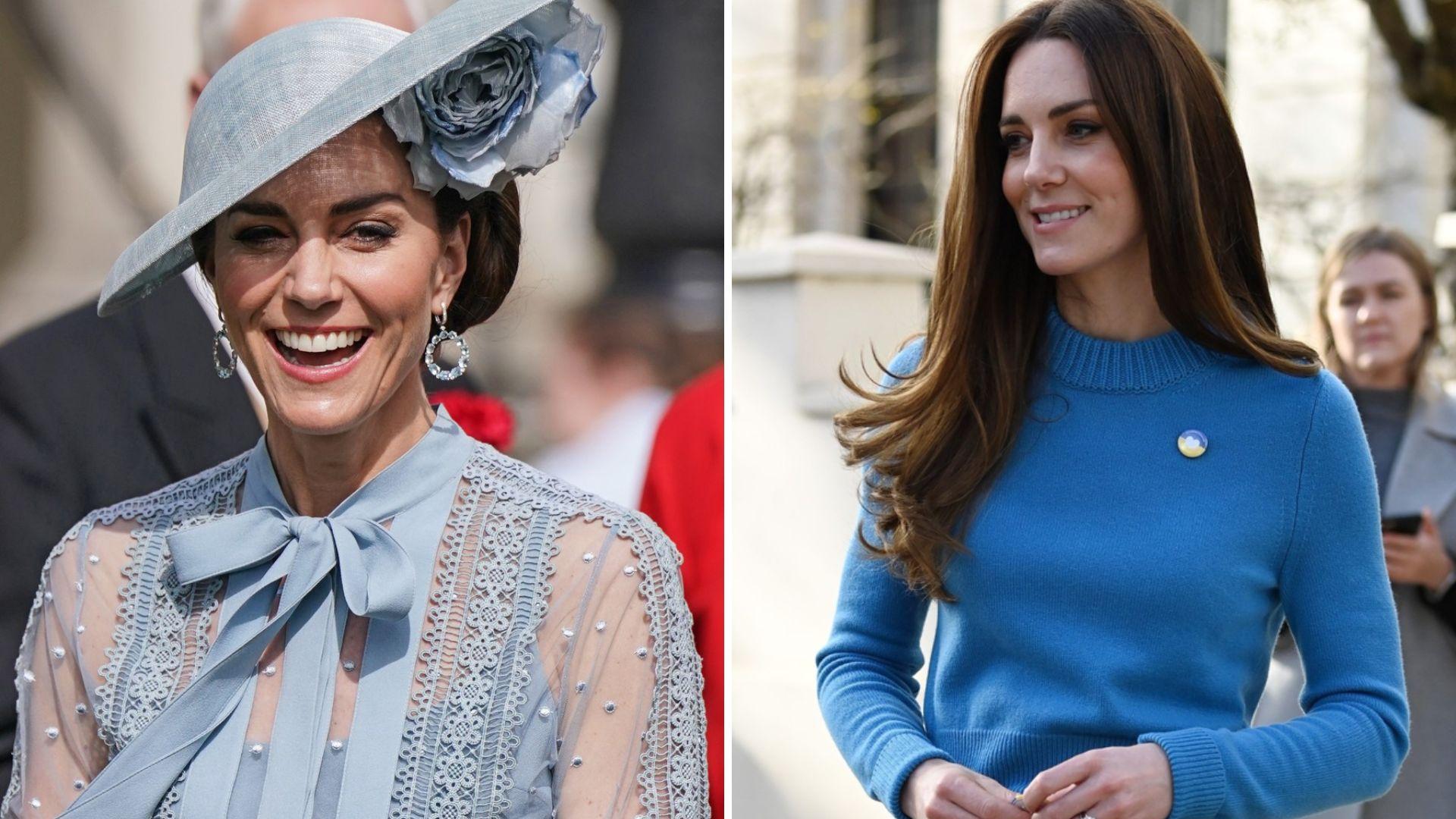 kate middleton, într-o bluză groasă, albastră, pe gât și cu mâneci lungi, cu părul șaten lăsat pe umeri, având o cărare pe mijloc