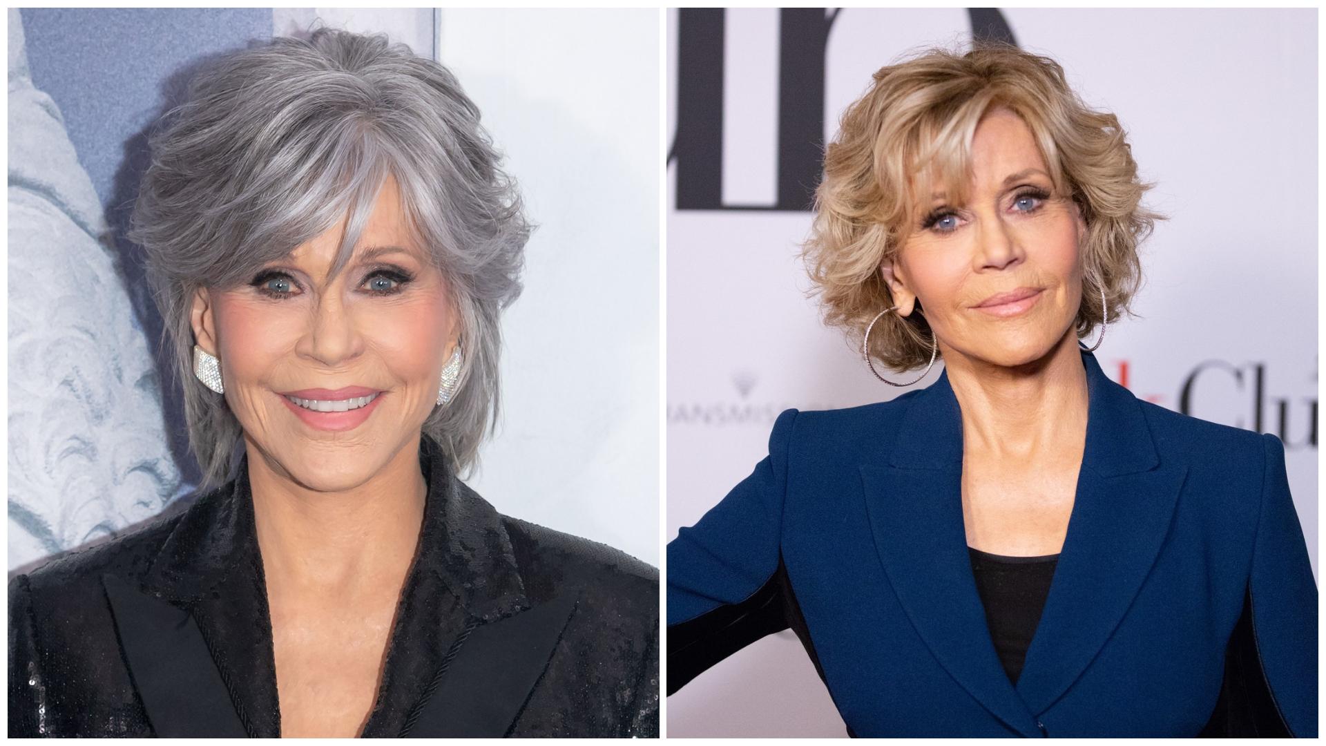 Colaj cu Jane Fonda în două ipostaze diferite în sacouri diferite