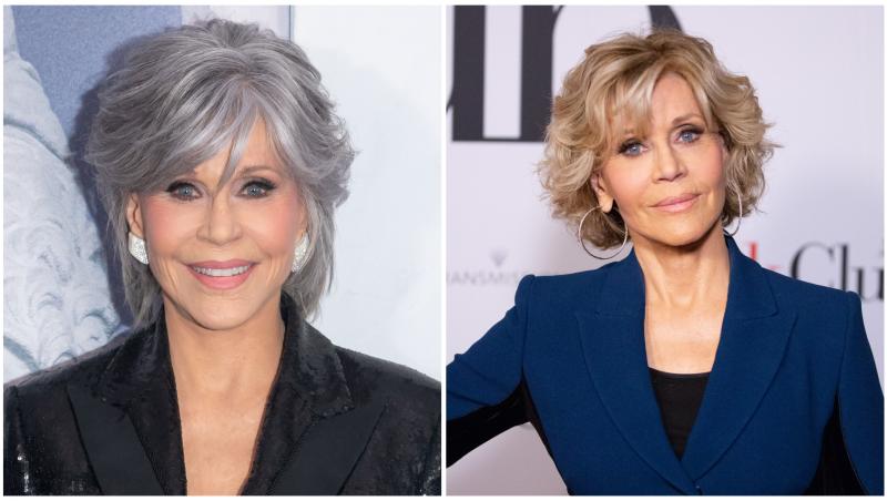 Colaj cu Jane Fonda în două ipostaze diferite în sacouri diferite