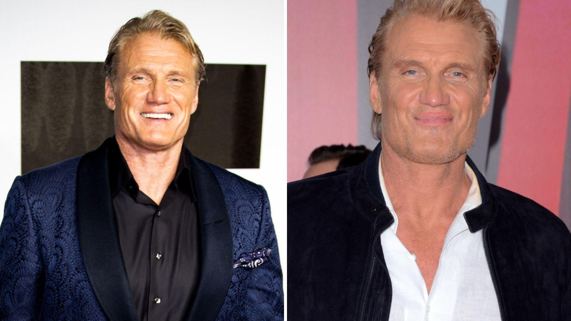 Dolph Lundgren, într-un costum albastru cerneală, cu o cămașă neagră