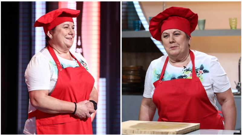 Colaj cu Mariana Zinner în două ipostaze la Chefi la cuțite, în tricou alb și șorț roșu