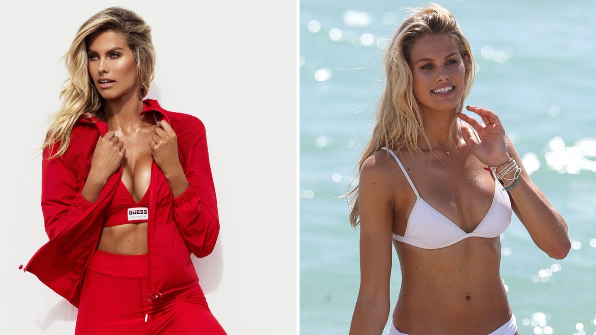 Modelul Natalie Roser, cu un sutien alb și părul blond, pieptănat neglijent, lăsat pe umeri