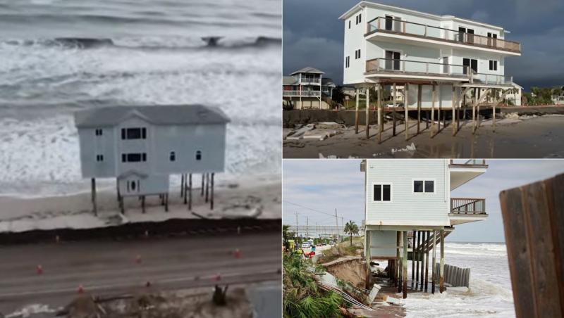 colaj de imagini cu o casa pe plaja care a fost lovita de uragan si acum e la 5 metri deasupra solului